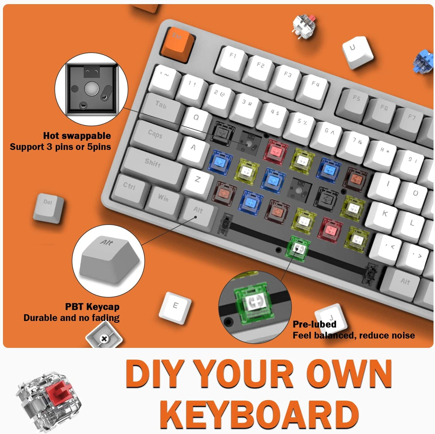 Ajazz AK873 Wired Hot Swappable Mechanical Keyboard, Coiled Cable, 22 RGB Backlit, Classic 3 Color PBT Floating Keycaps, 87% Keyboard with Detachable Magnet Cover, Custom DIY Keyboard