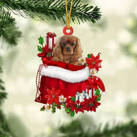 Acrylic 2D FLAT - Cavalier King Charles Spaniel In Gift Bag Christmas Ornament 001- Holiday Tree Decoration