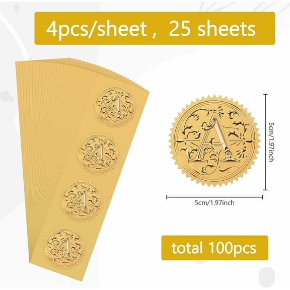25sheets 100pcs Initial Alphabets A golden Foil Embossed Stickers 2" Leaf Letter Vintage Foil Self Adhesive Sticker Decor Labels for Achievement Awards Graduate Diplomas Certificate