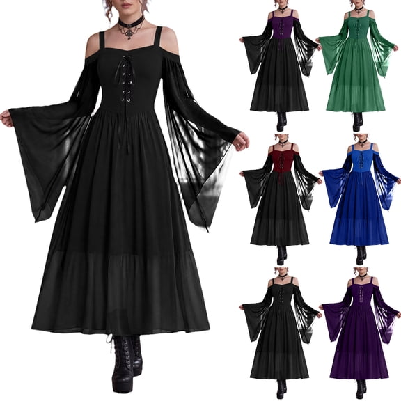 Women Gothic Witch Maxi Dress, Off Shoulder Sheer Flare Long Sleeve Lace Up Vintage Gown, Floor Length Renaissance Costume Dress for Halloween Cosplay Themed Party XL