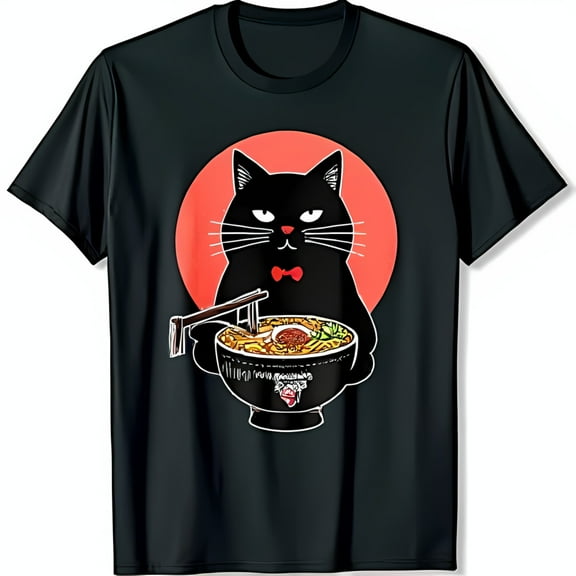 Funny Black Cat in Ramen T-Shirt with Red Cute Cat Lover Tee