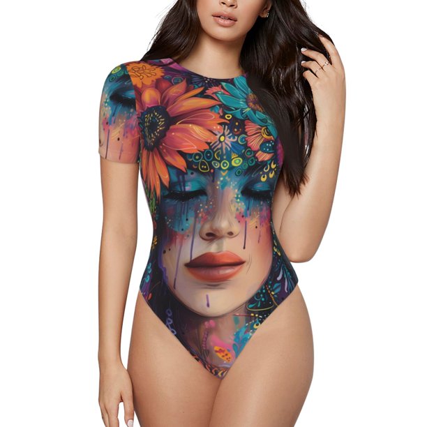 Balery Bohemian Colorful Flower Woman Body de cuello redondo de manga corta para mujer Tops de manga corta Tops básicos-Medium