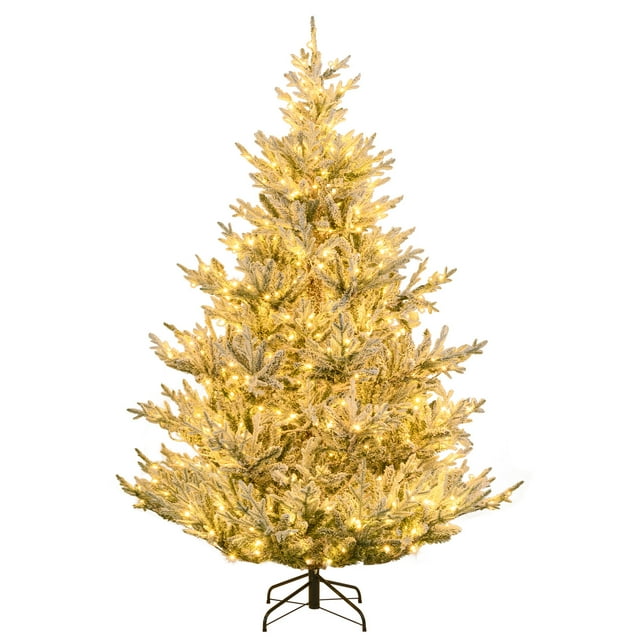 Costway 7 FT Artificial Christmas Tree with 1074 Flocked Branch Tips, 450 Warm White LED Lights