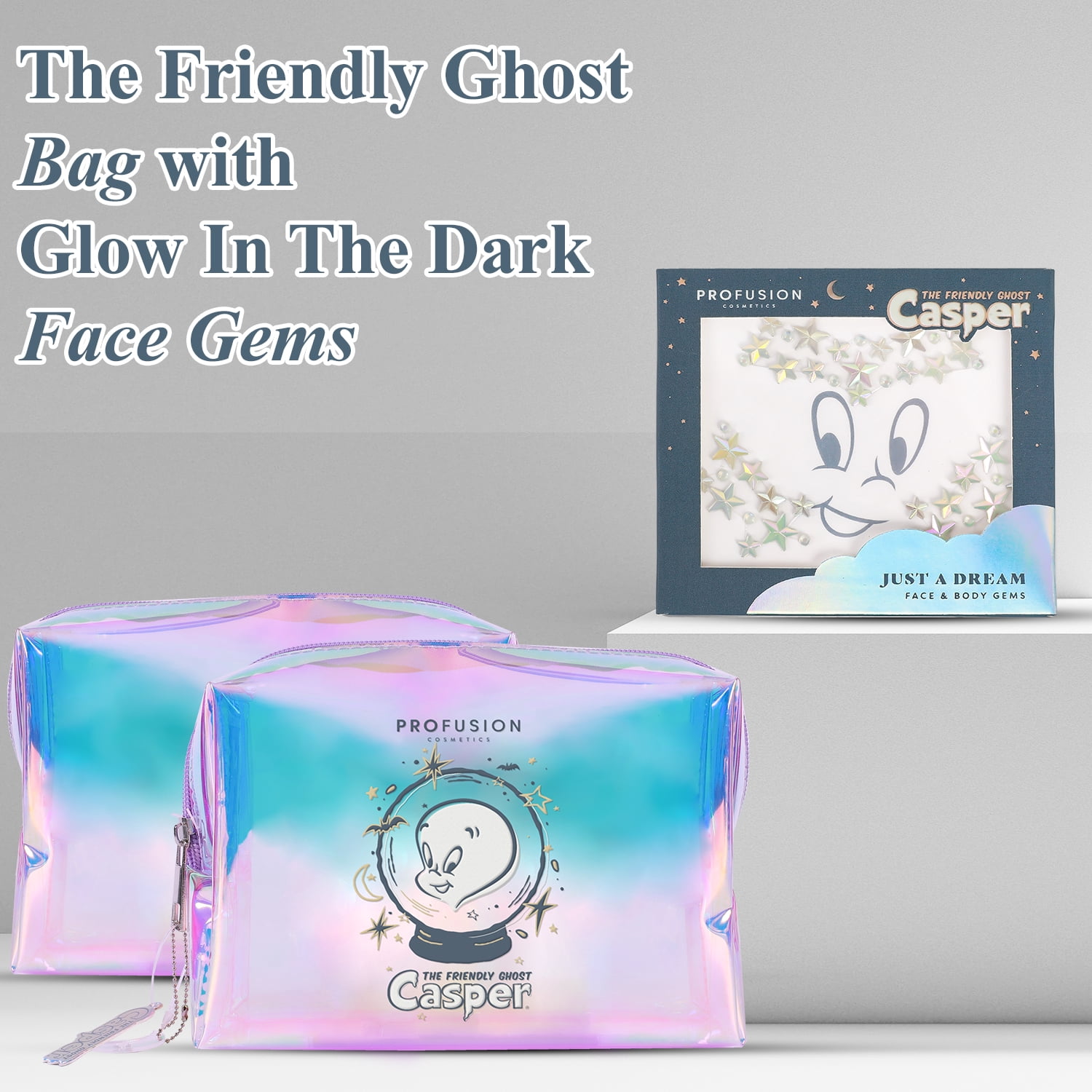 Profusion Cosmetics Casper Ghost Makeup Bag with Glow-in-the-Dark Gems, Cute Travel Beauty Pouch