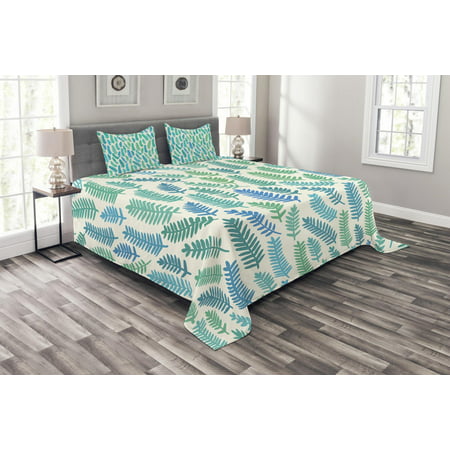 Teal Bedspread Set, Leaf Pattern Branches Trees in Summer Forest Foliage Fabric Design Style Print, Decorative Quilted Coverlet Set with Pillow Shams Included, Green Teal Blue, by