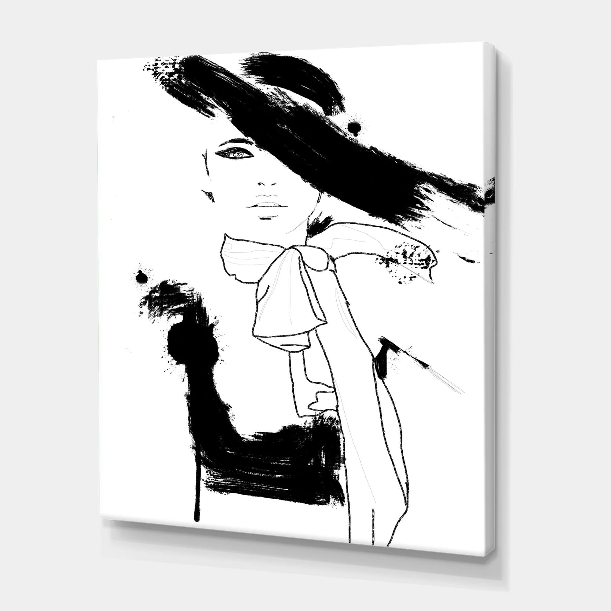 Beautiful Black and White Model Haute Couture Fashion Woman II 8 in x 12 in Painting Canvas Art Print, by Designart