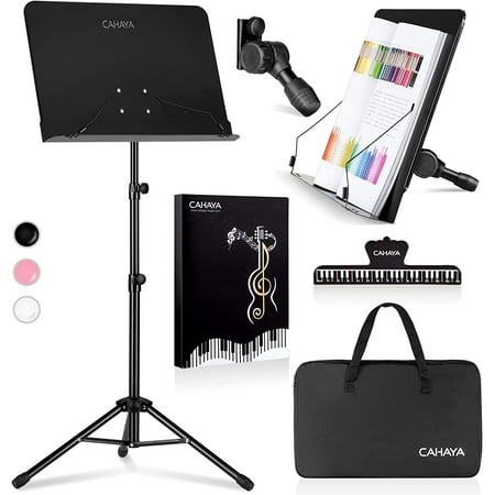 CAHAYA 5 in 1 Dual-use Sheet Music Stand & Desktop Book Stand Metal Portable Solid Back with Book Stand Support, Carrying Bag, Sheet Music Folder & Clip, Laptop Bible Book Tablet Stand CY0194