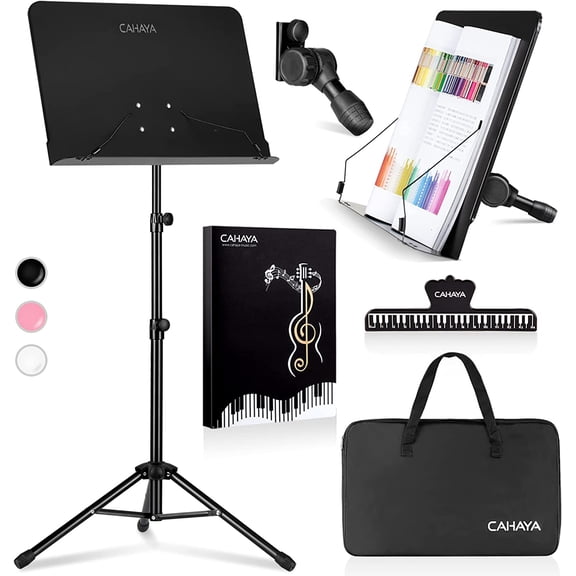 CAHAYA Music Stand for Sheet Music Dual-use Converts to Desktop Stand Portable & Foldable 31.4-57in Height Adjustable Sturdy for Thick Books or Tablets Include Carrying Bag Clip