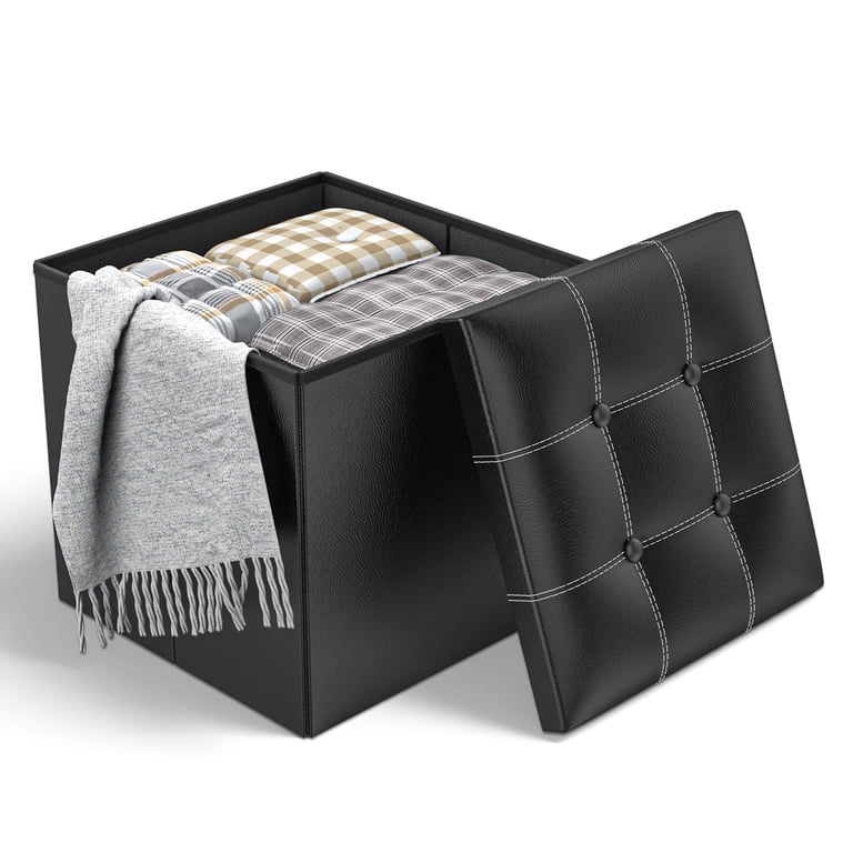 Cshidworld Storage Ottoman Bench, 15in Folding Leather Footstool, Black photo 1