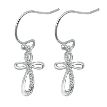 Clear CZ Infinity Cross Dangling Fishhook Earring Sterling Silver