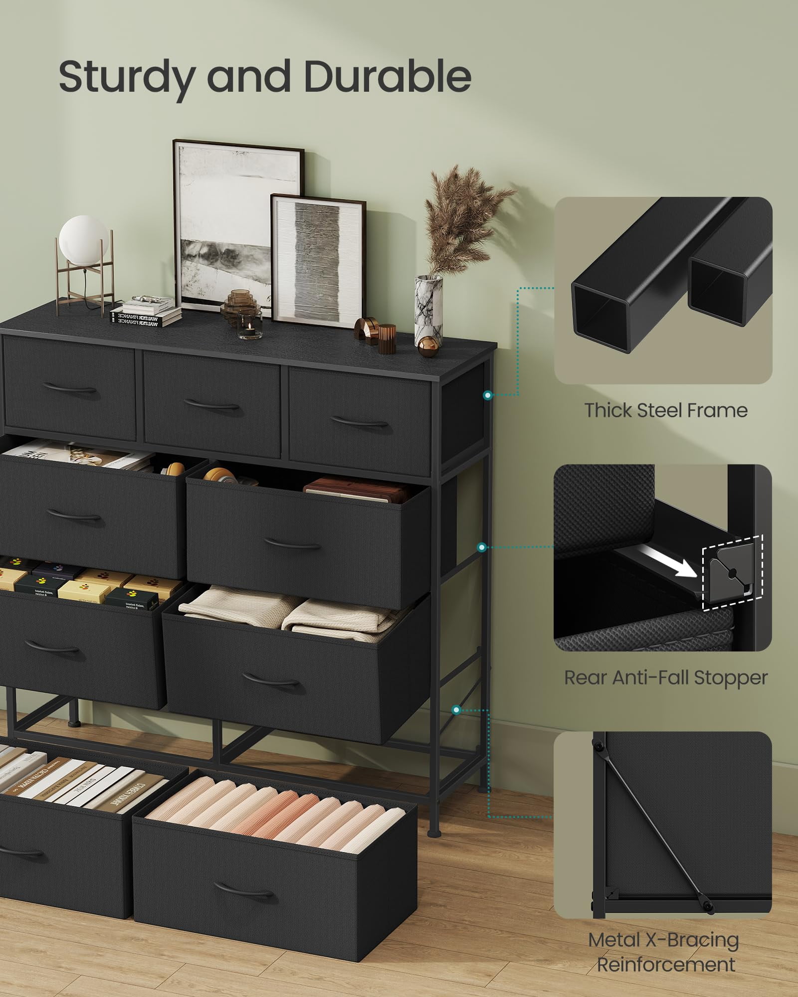 9 Drawers Bedroom Dresser, Chest of Drawers, Storage Organizer Unit, Closet, Entryway