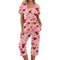 thumbnail image 3 of Valentine's Day Womens Heart Pajama Set Heart Print Pajama Sets Short Sleeve and Capri Pants Women 2 Piece Sleepwears, 3 of 7
