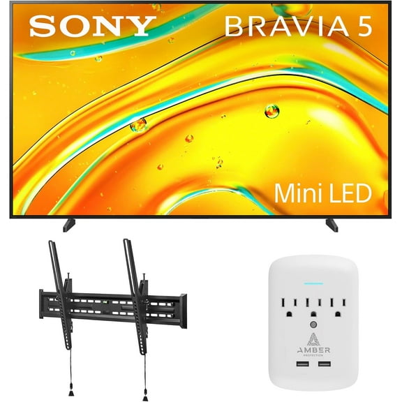 Sony K98XR50 98 Inch Bravia Mini LED 4K HDR Google TV with a Walts TILT-MOUNT-43-90 Large/XL Tilt Mount for 43"-98" TVs and Amber Protection 3-OUTLET-SURGE Surge Protector (2025)