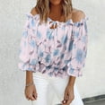 thumbnail image 2 of Tiweut Blouses Femmes Hauts Épaules Dénudées Imprimé Boho à Volants Manches 3/4 Col Rond T-Shirts Violets, 2 of 8