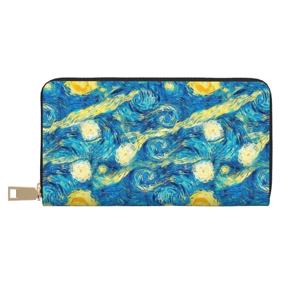 Leather Thin Slim Wallets for Women Men - Staring Night blue vintage Clutch Card Wallet for Women Men with Zipper