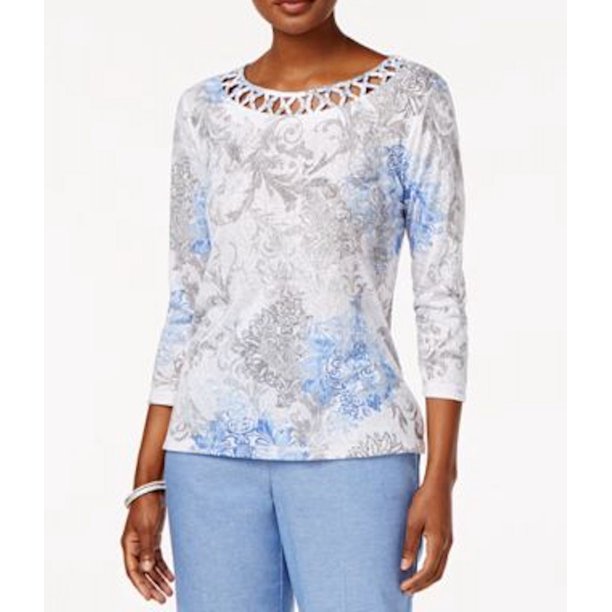 Alfred Dunner New Alfred Dunner Women's 3/4 Sleeve Gray Printed LatticeTrim Blouse Top S