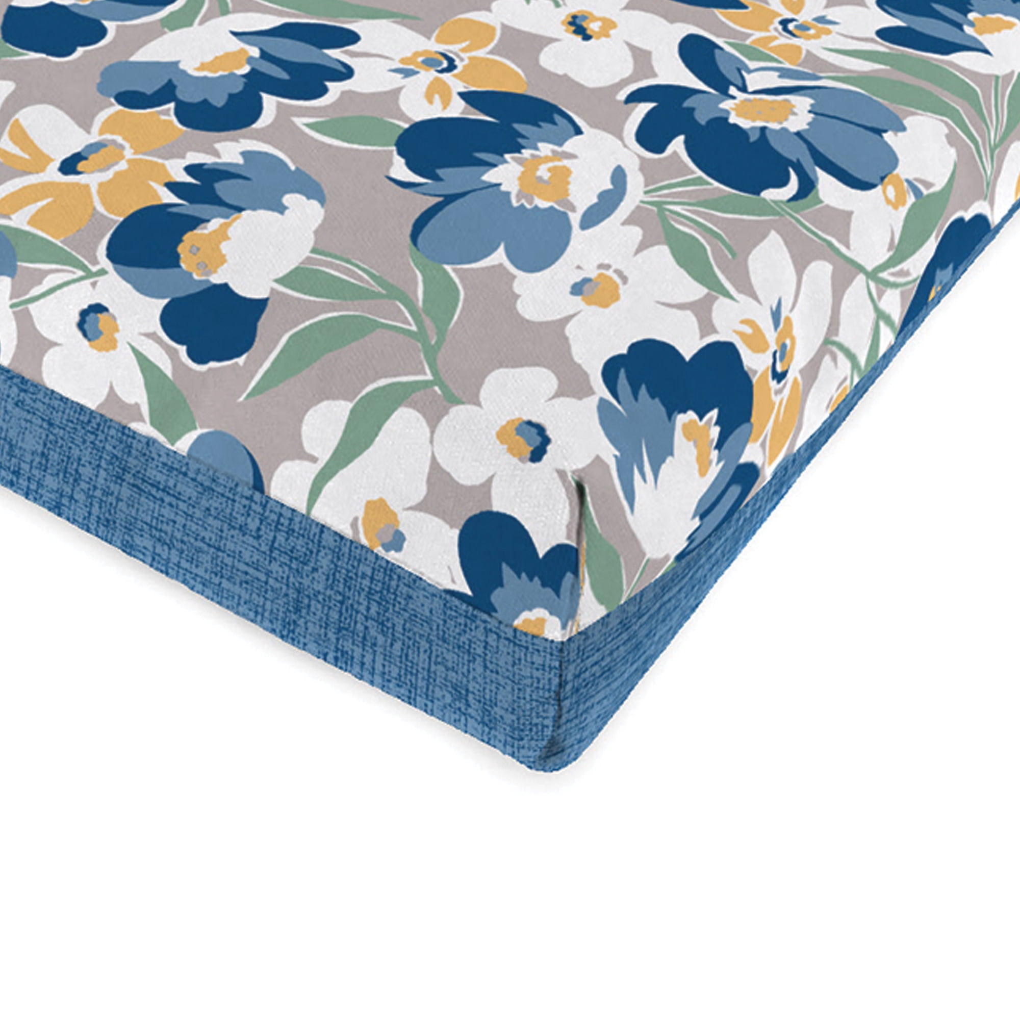 Jordan Manufacturing 44" x 22" Jean Alloy Gray Floral and Celosia Alloy Blue Crosshatch Reversible Rectangular Outdoor Chair Cushion with Ties and Hanger Loop