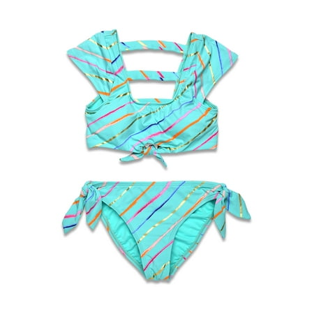 Hobie Girls  -Cap Sleeve Bralette Bikini Top & Bow Tie Hipster Bottom Swimsuit Set  Seagreen//Rip Tide Stripe  16