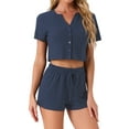 thumbnail image 1 of Pijamas de mujer de punto waffle con botones, camiseta de manga corta y pantalones cortos, conjunto de lounge de 2 piezas, color azul marino, 1 of 1