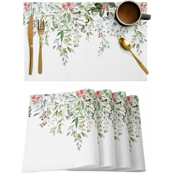 Green Eucalyptus Placemats Set of 6 Washable Flower Leaves Heat Resistant Non-Slip Linen Place Mats Kitchen Dining Table Floral Decor for Durable Table Mats - Sage Green (13"x 19")