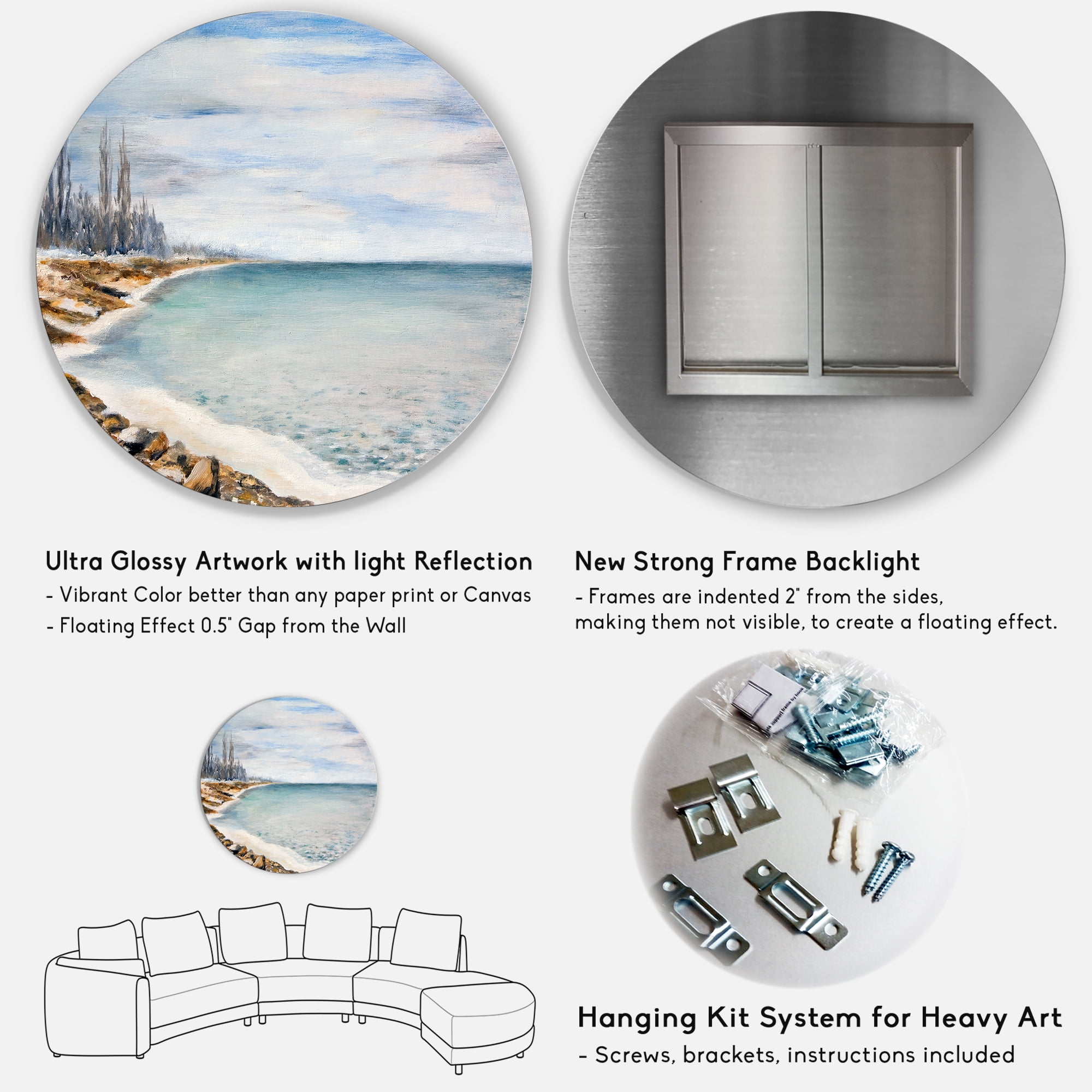 Designart 'Beach Is Covered With Ice' Nautical & Coastal Circle Metal Wall Art 36x36 - Disc of 36