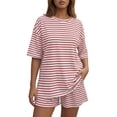 thumbnail image 2 of Bexdxz Women's Casual Striped Short Sleeve 2 Piece Summer Set Oversized Top & Loose Fit Shorts with Pockets Light pink XL, 2 of 6