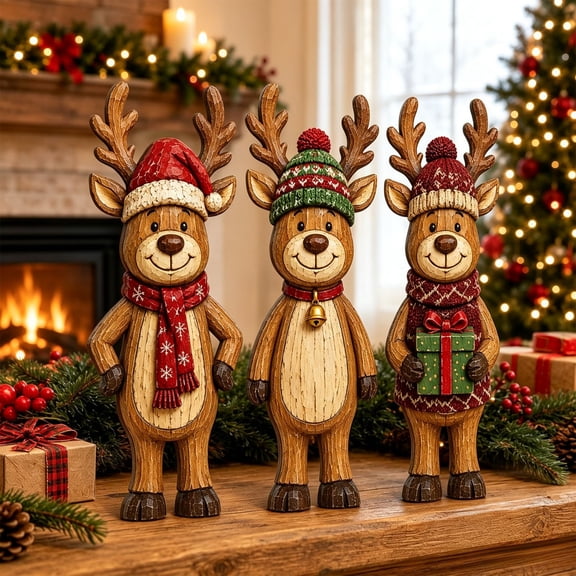 Eolstice Wooden Reindeer Tabletop Decor Set, 3 Piece Holiday Tiered Tray Display, Rustic Farmhouse Christmas Centerpiece for Home Shelf and Mantel