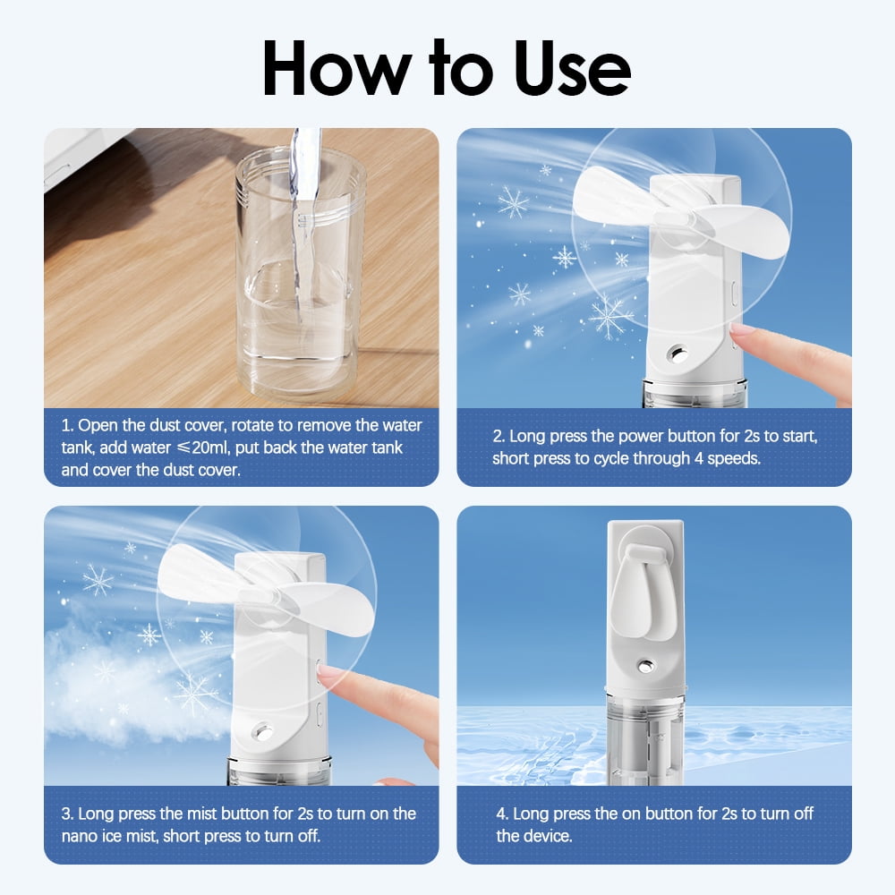 Misting Fan Portable, Hand Held Fan with Water Mist, Rechargeable Personal Spray Fan, 4 Speed Wind, Personal Mini Travel Fan, Handheld Fan USB Electric Fan for Home Office Men Women Girl Kids(White)