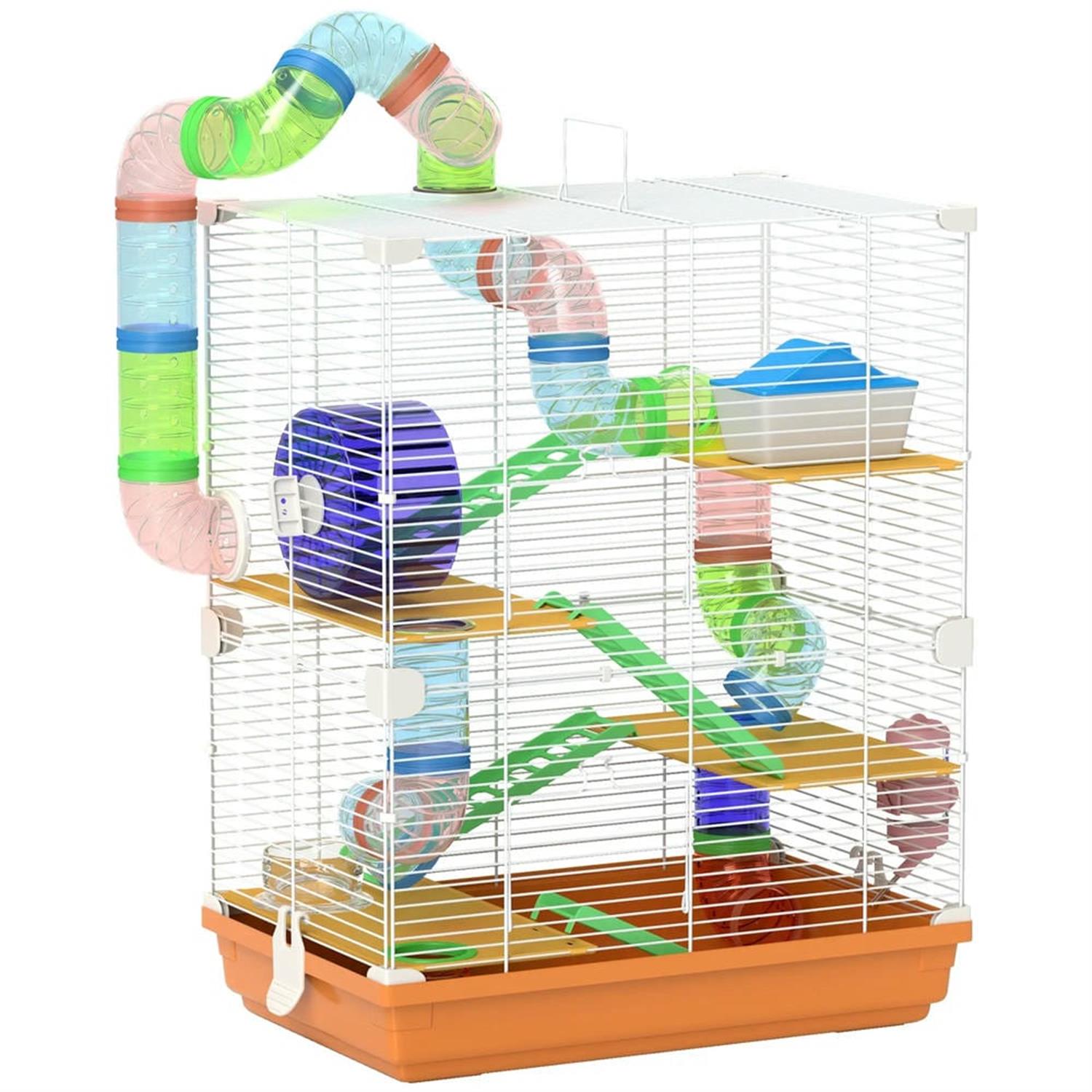 resenkos 18" Large Hamster Cage Portable Animal Travel Carrier, Gerbil Cage with Exercise Wheel for Syrian Gerbil, 5 Tiers Small Animal Habitats, Orange
