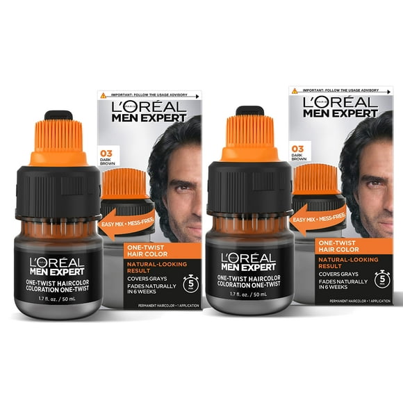 L?Oreal Paris Men Expert One Twist Mess Free Permanent Hair Color, Mens Hair Dye to Cover Grays, Easy Mix Ammonia Free Application, Dark Brown 03, 2 Application Kit