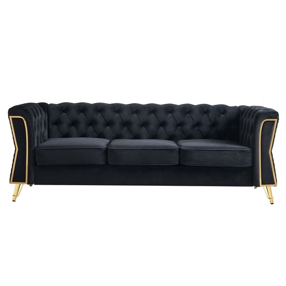 JERFIT Modern Chesterfield Velvet Sofa Couch for Living Room, Mid-Century Tufted Upholstery with Gold Metal Legs, Black