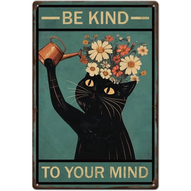Letreros metálicos de gato negro, sé amable con tu mente, letrero de hojalata de gato, letreros divertidos para el baño, placa, arte de pared de metal con forma de animal.