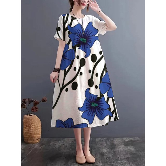 JUNWELL Voyage de Vacances Populaire Nouveau Tissu de Lin Imitation Nouveau Chinois à Col Rond à Manches Courtes Jupe Longue Casual Robe Imprimée à Col Rond