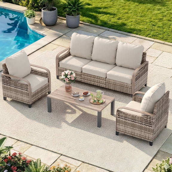 Poteban Outdoor Patio All Weather Wicker Furniture Sets,with Coffee Table, Conversation Sets and Ottoman,for Pool, Backyard, Garden, 4 Pieces
