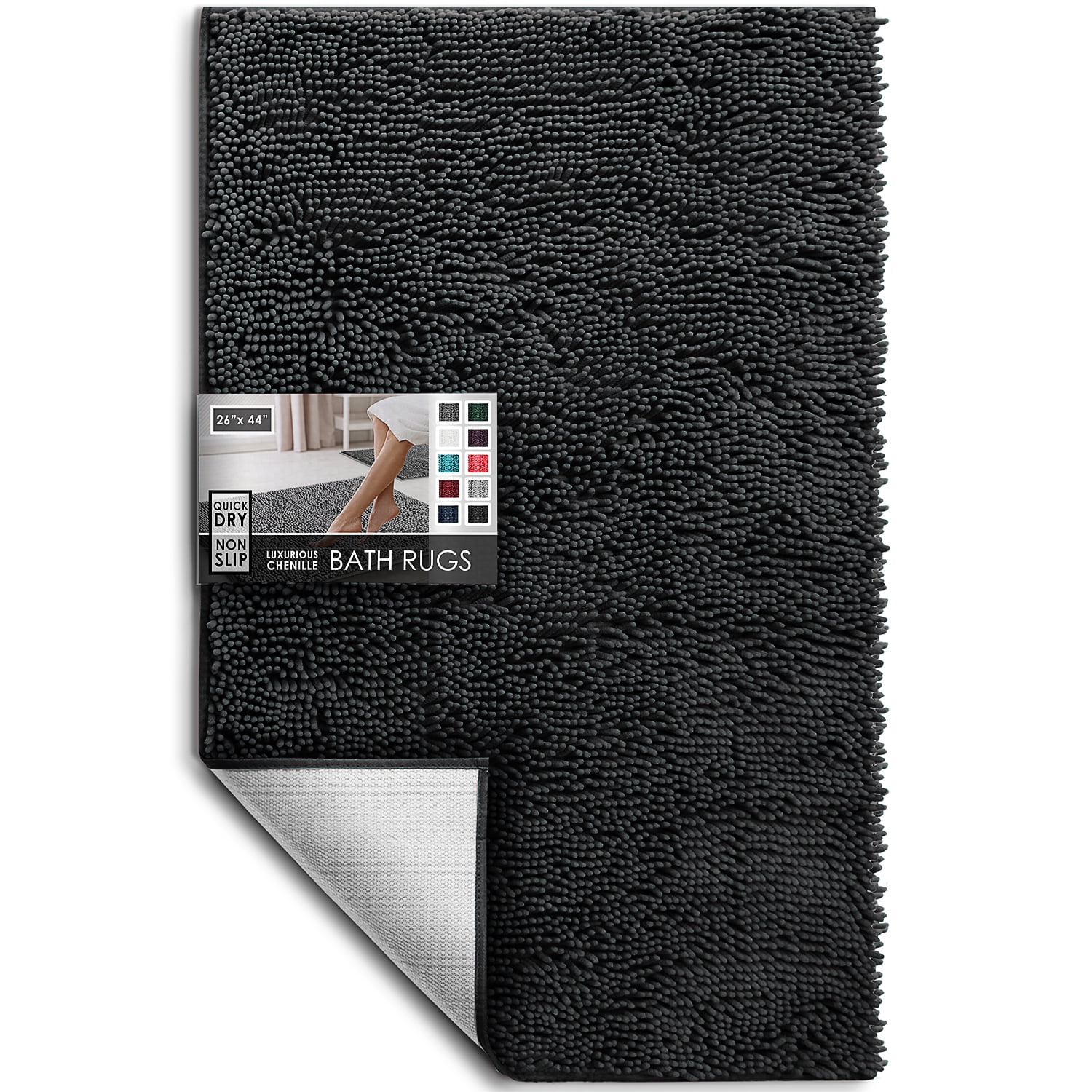 Lammaloe Chenille Bathroom Rugs Non Slip Bath Mat, 26x44 Ultra Absorbent, Bath Mats for Bathroom, Black Ombre