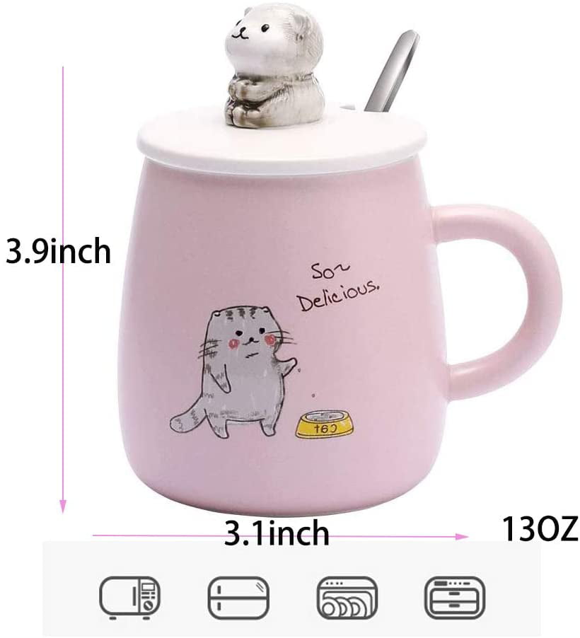 Ceramic Cat Design Coffee Mug Cup Lid with Spoon 12.5oz Cute Christmas gift  