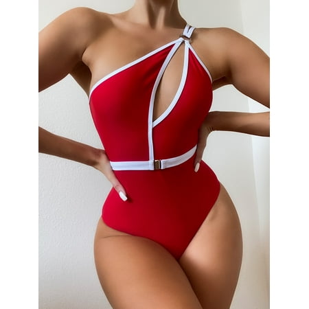 Solid Stitching Print Split Swimsuit Women s Halter Cut Out Bikini with Belt Bathing Suit One Piece Swimsuits