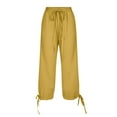 thumbnail image 3 of Outfmvch Linen Capri Pants for Women Straight Wide Leg Linen Palazzo Trousers Straight Wide Leg Loose Flowy Pants Yoga Capris with Pockets Women High Waisted Wide Leg Pull On Elastic Yellow S-3XL, 3 of 7