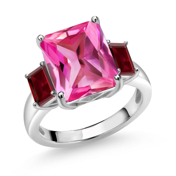 Gem Stone King 8.20 Ct Octagon Pink Created Sapphire Red Garnet 925 Sterling Silver 3-Stone Ring (Size 9)