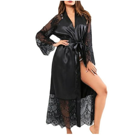 Penkiiy Lace Patchwork Robe Women Sexy Silk Lace Satin Long Robe Bathrobe Lingerie Sleepwear Belt Pajamas Black Nightgowns