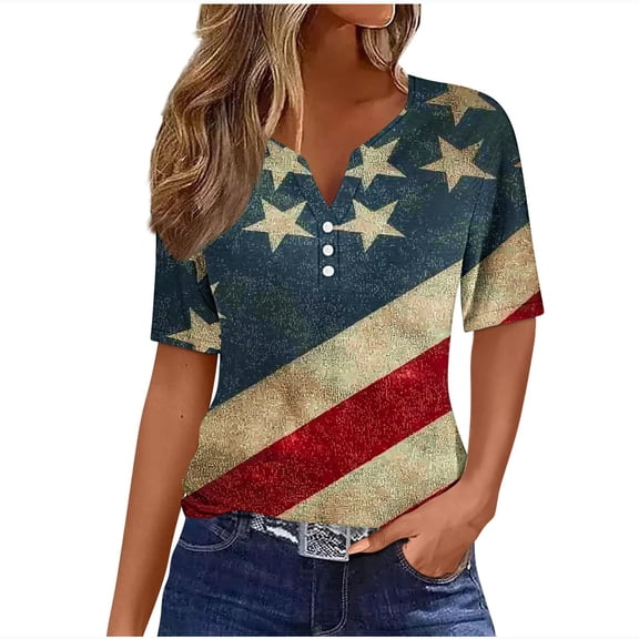 successthop 4th of July Clothes Women Flags Loose Plus Size V Neck T Shirt Button Holiday Shirts Short Sleeve Tops Red