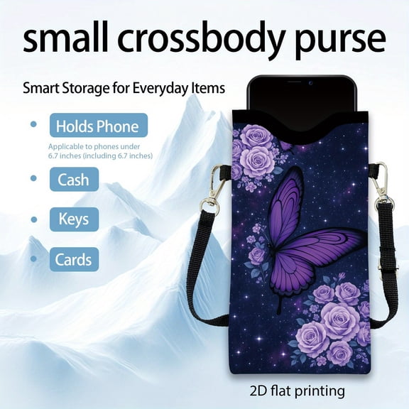 Neoprene Shockproof Water-Resistant Cell Phone Sleeve Pouch with Crossbody Strap for All Phones Under 6.7 Inches, Purple Butterfly Flower