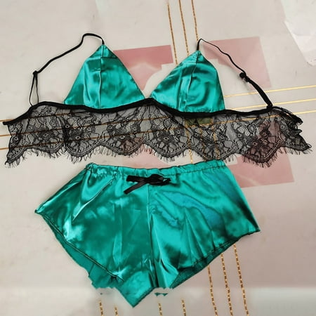 

MRULIC underwear women set Ladies Strap Crochet Lace Cutout Teddy Lingerie Embroidery Gauze Underwear Green + L