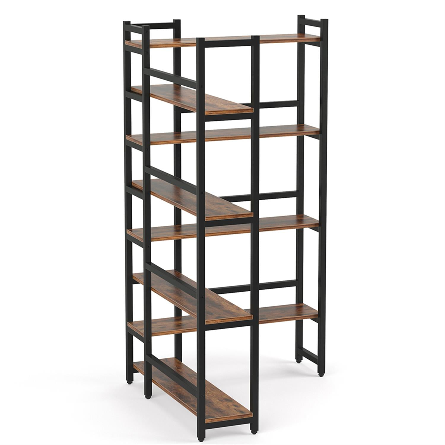 Demi Bonn 8 Tier Corner Bookshelf, Wood and Metal Bookcase Storage Organizer, 70" Tall Display Standing Shelf Unit for Bedroom, Living Room, Brown