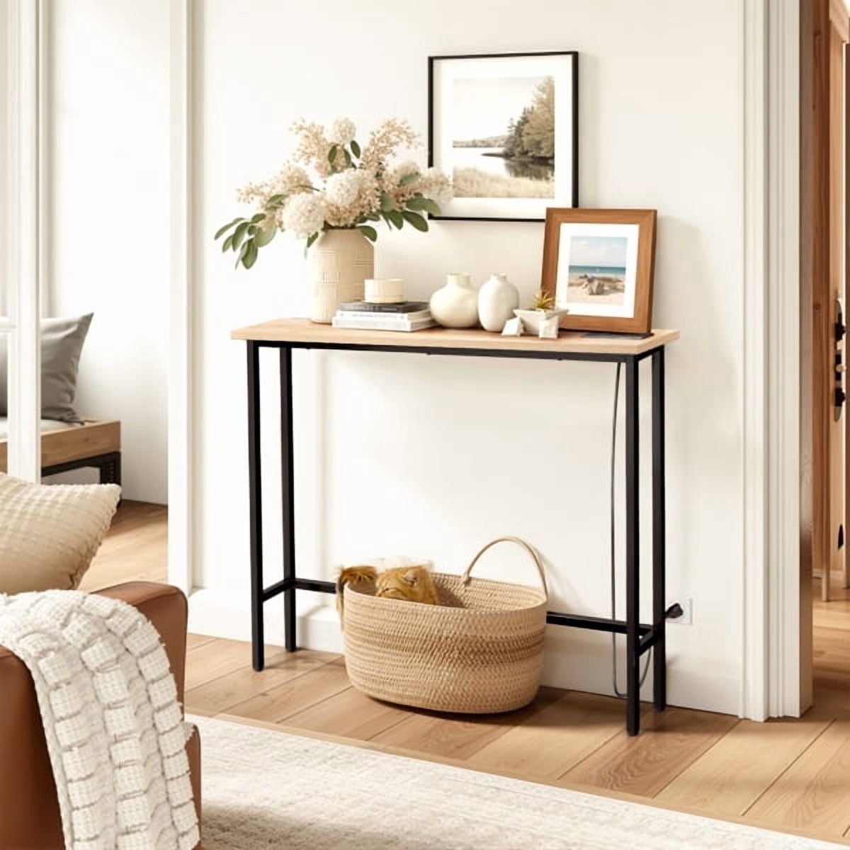 39.4" Narrow Console Sofa Table with Power Outlets and USB Ports, Skinny Couch Table with Metal Frame and Charge Station with 4.9ft Extension Cord, Oak