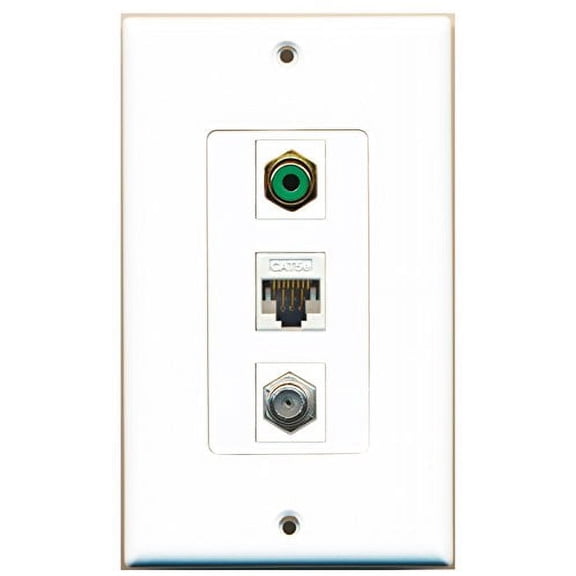 RiteAV - 1 Port RCA Green and 1 Port Coax Cable TV- F-Type and 1 Port Cat5e Ethernet White Decorative Wall Plate