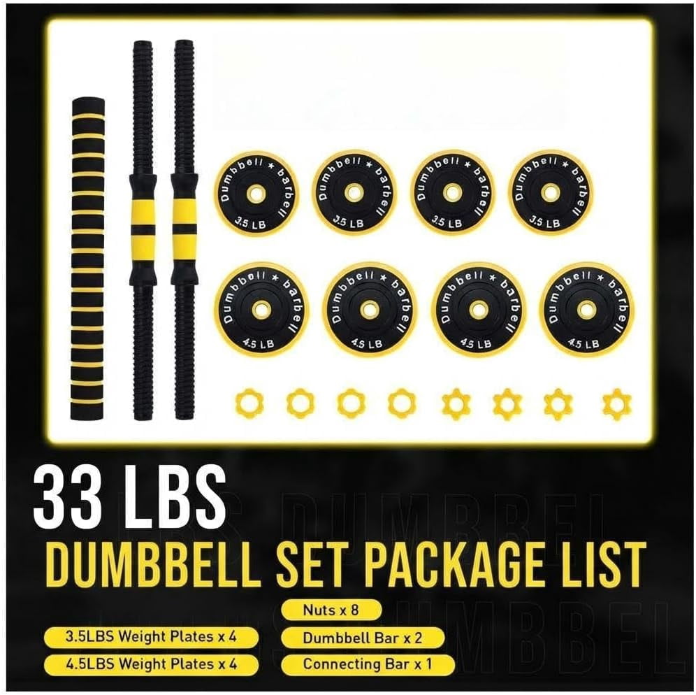 Historyli 2-in-1 Adjustable Dumbbell Set, 33 LBS Multifunctional Free Weight Set, Used as Dumbbell & Barbell, Yellow