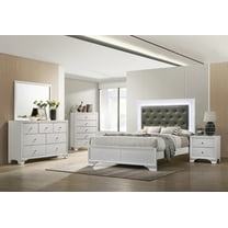 Transitional Style Frost Finish 5pc King Size Bedroom Set Bed Dresser Mirror Nightstand White LED Light Upholstery Headboard