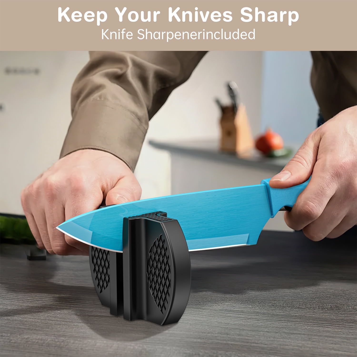 GPED 13 Pcs Kitchen Knives Set with Sharpener, Anti-Rust Coating, High Carbon Stainless Steel Chef Knife Sets with 6 Blade Guards, Dishwasher Safe, Multicolor