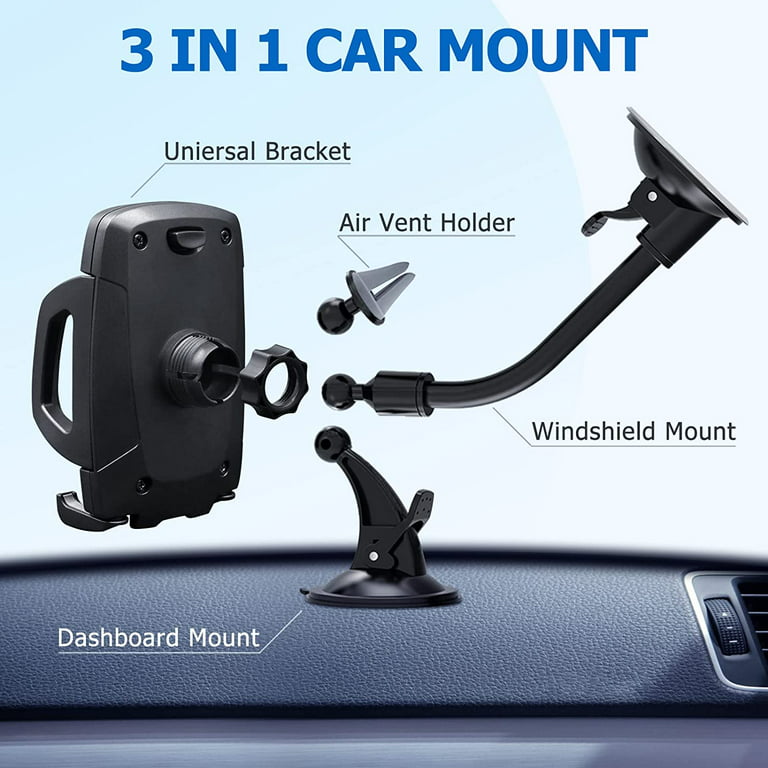 Vansky 3 in 1 Car Phone Holder Mount | Car Air Vent Holder & Dashboard Mount & Windshield Mount | Phone Mount for Car | Universal for All Smartphones